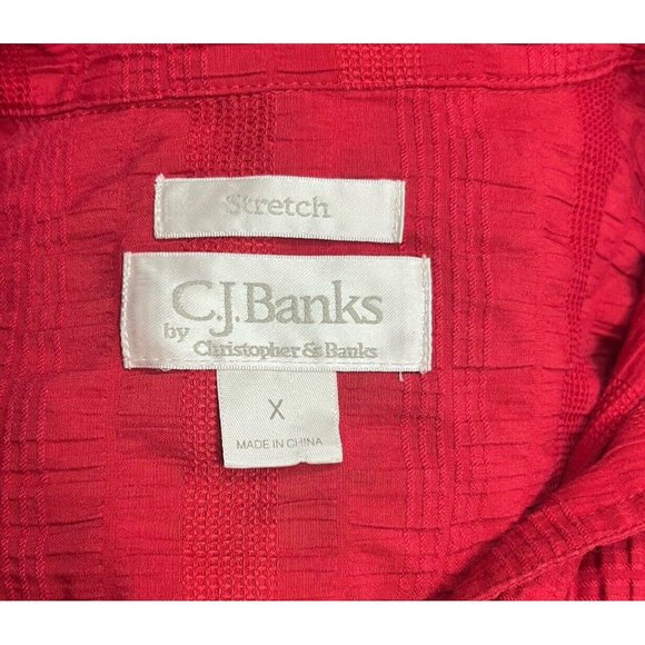 CJ Banks Womens Red Blouse Size X Snap Button Collared 3/4 Sleeve - Picture 13 of 16